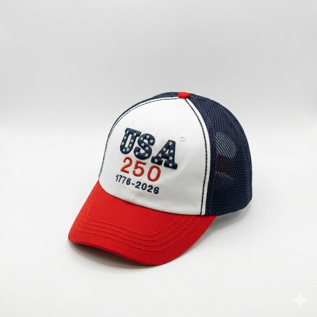 WHITE/RED USA 250th Anniversary Trucker Hat – Premium 3D Embroidery
