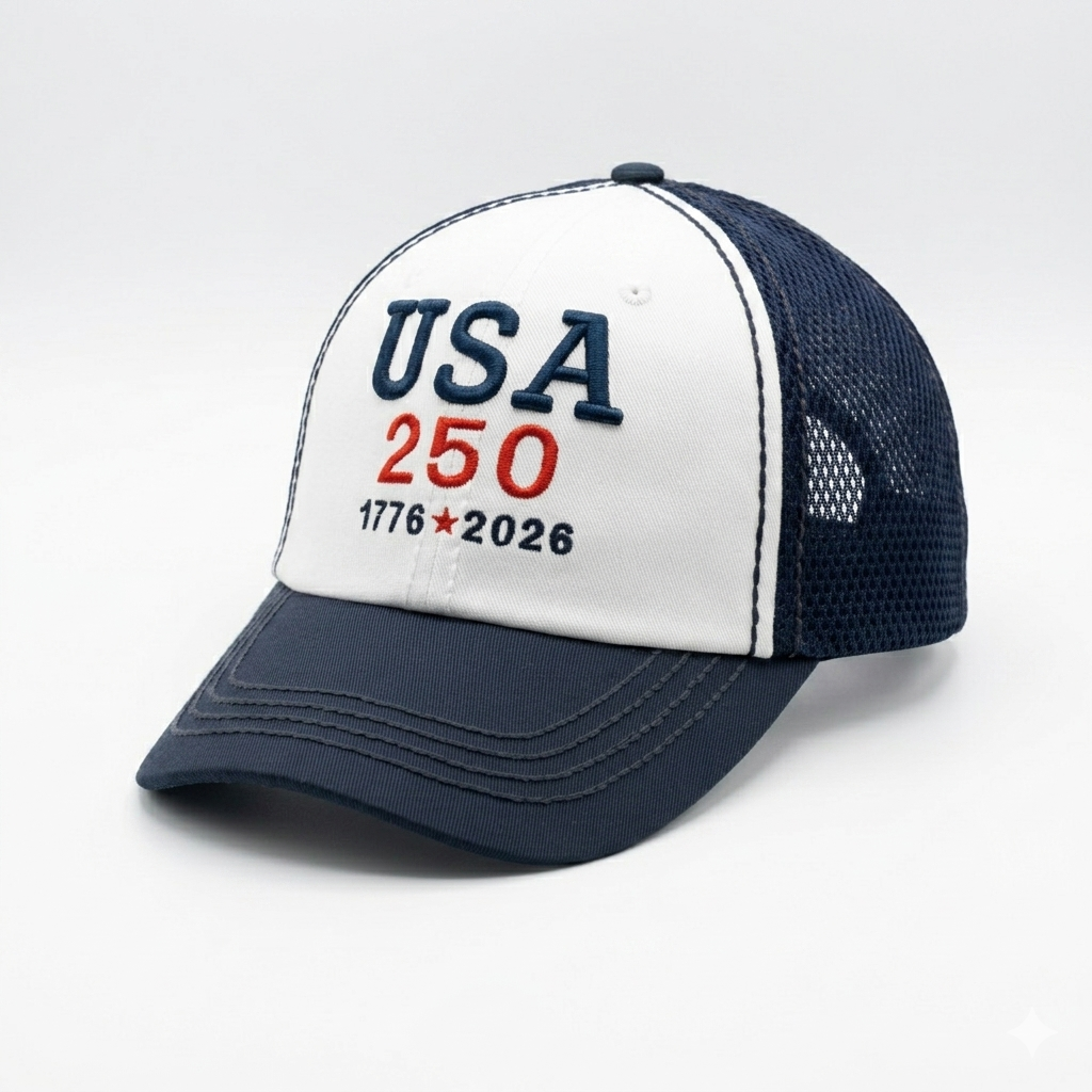 WHITE/NAVY USA 250th Anniversary Trucker Hat – Premium 3D Embroidery