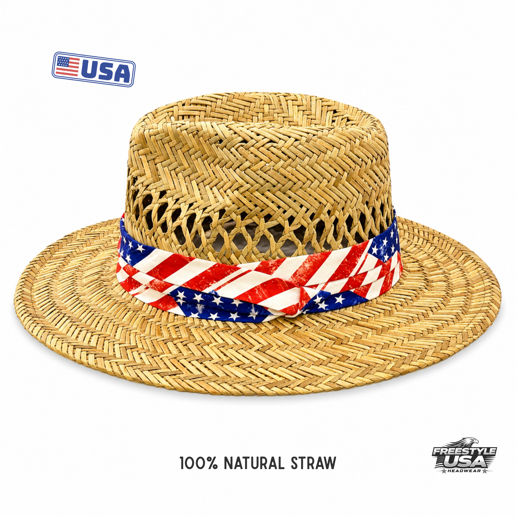 Men's Patriotic Straw Fedora Hat - 100% Natural Straw