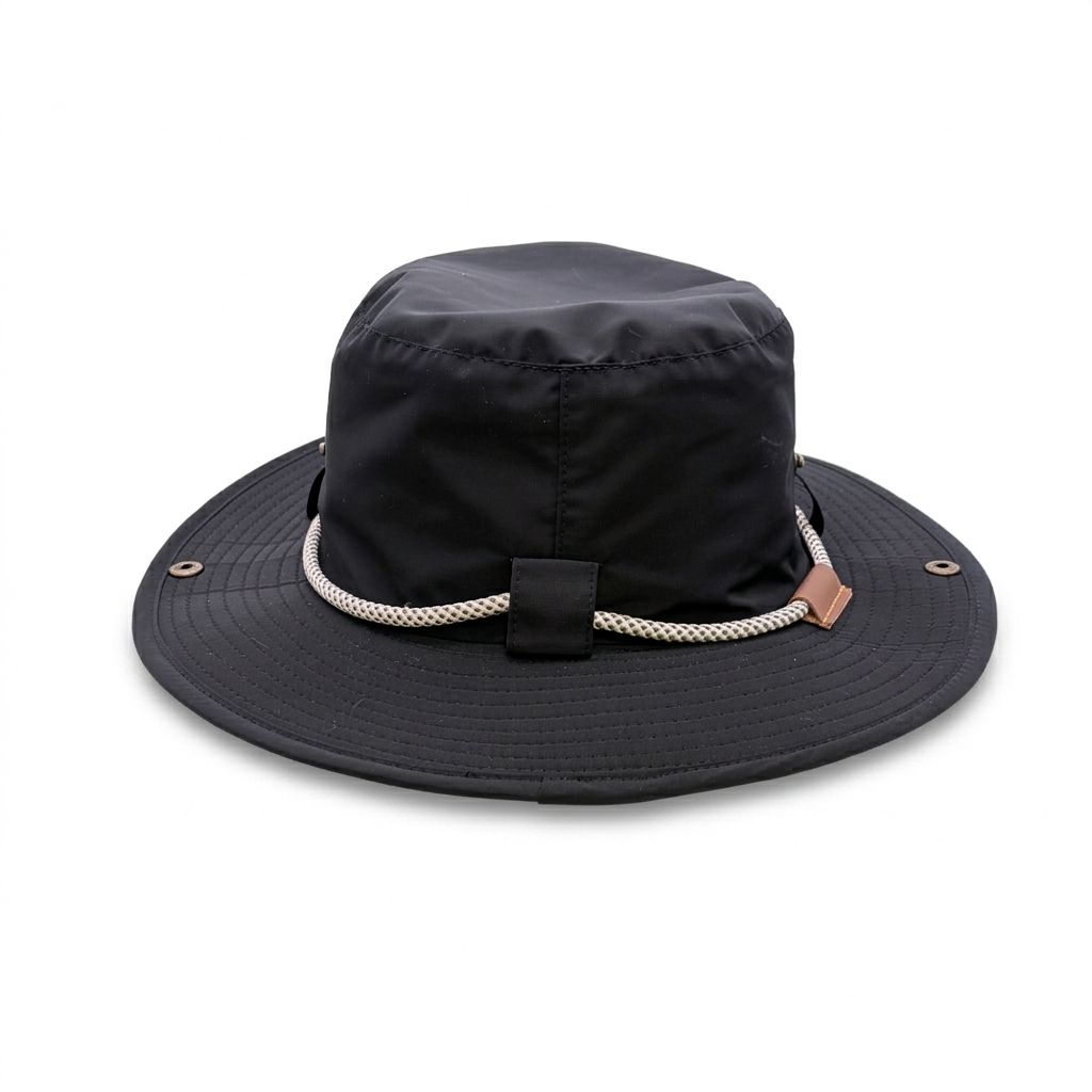 Black bucket hat with an adjustable rope