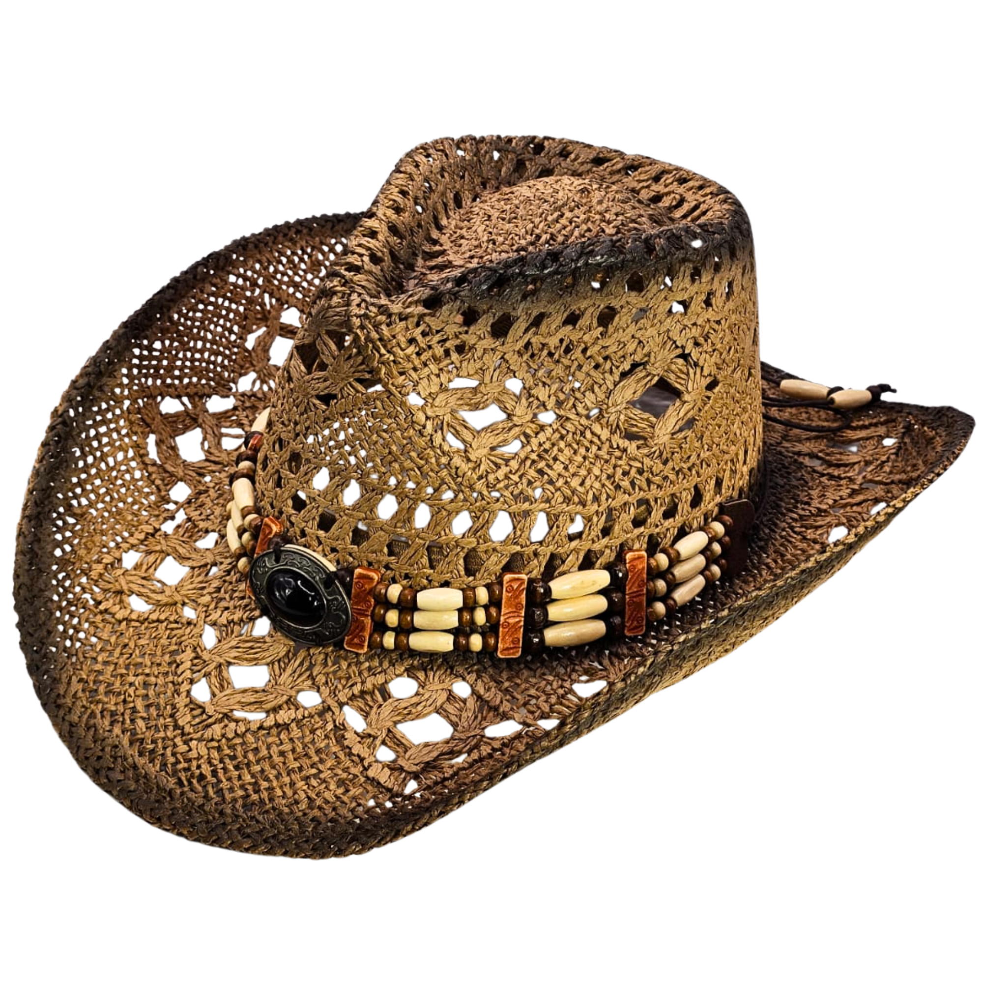 Straw cowgirl hat side view – beaded detail