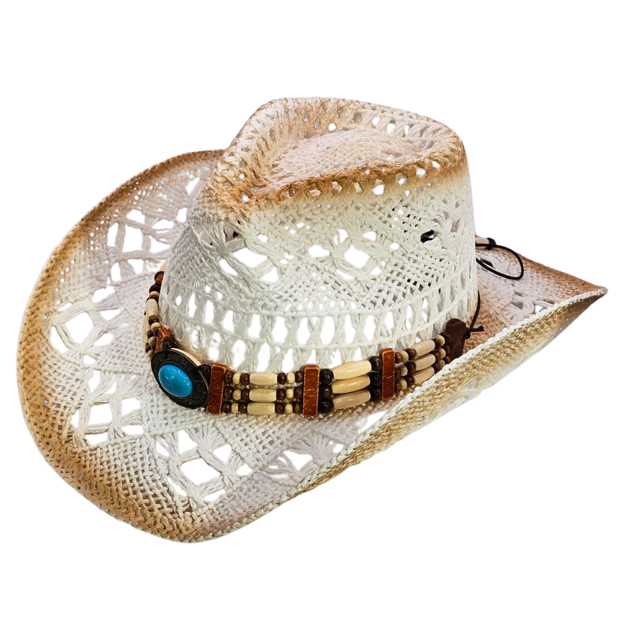 Straw cowgirl hat front view – turquoise beaded crown