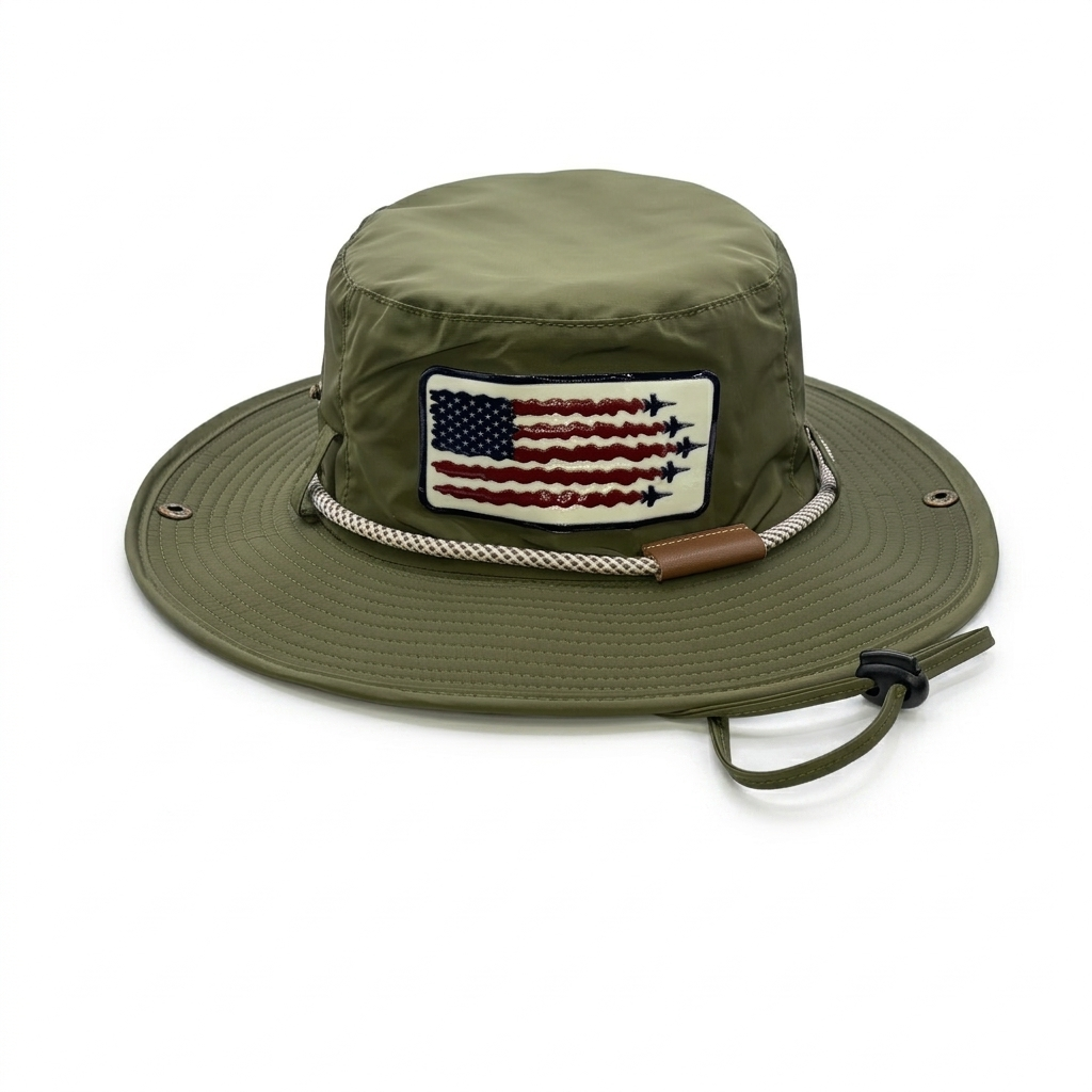 Olive fishing boonie hat with American flag patch