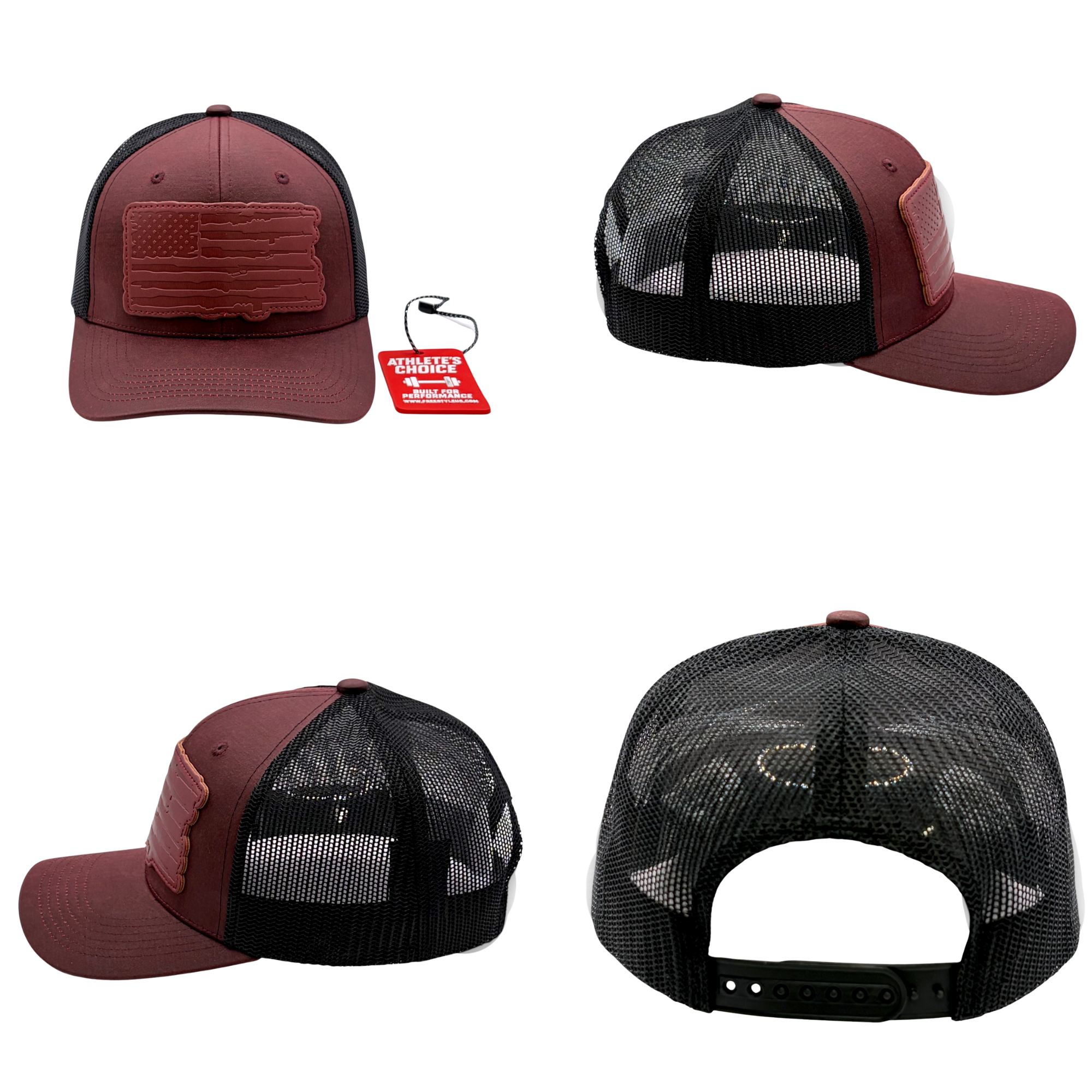 Performance USA Flag Leather Patch Trucker Hat | Snapback, Structured Mesh Back