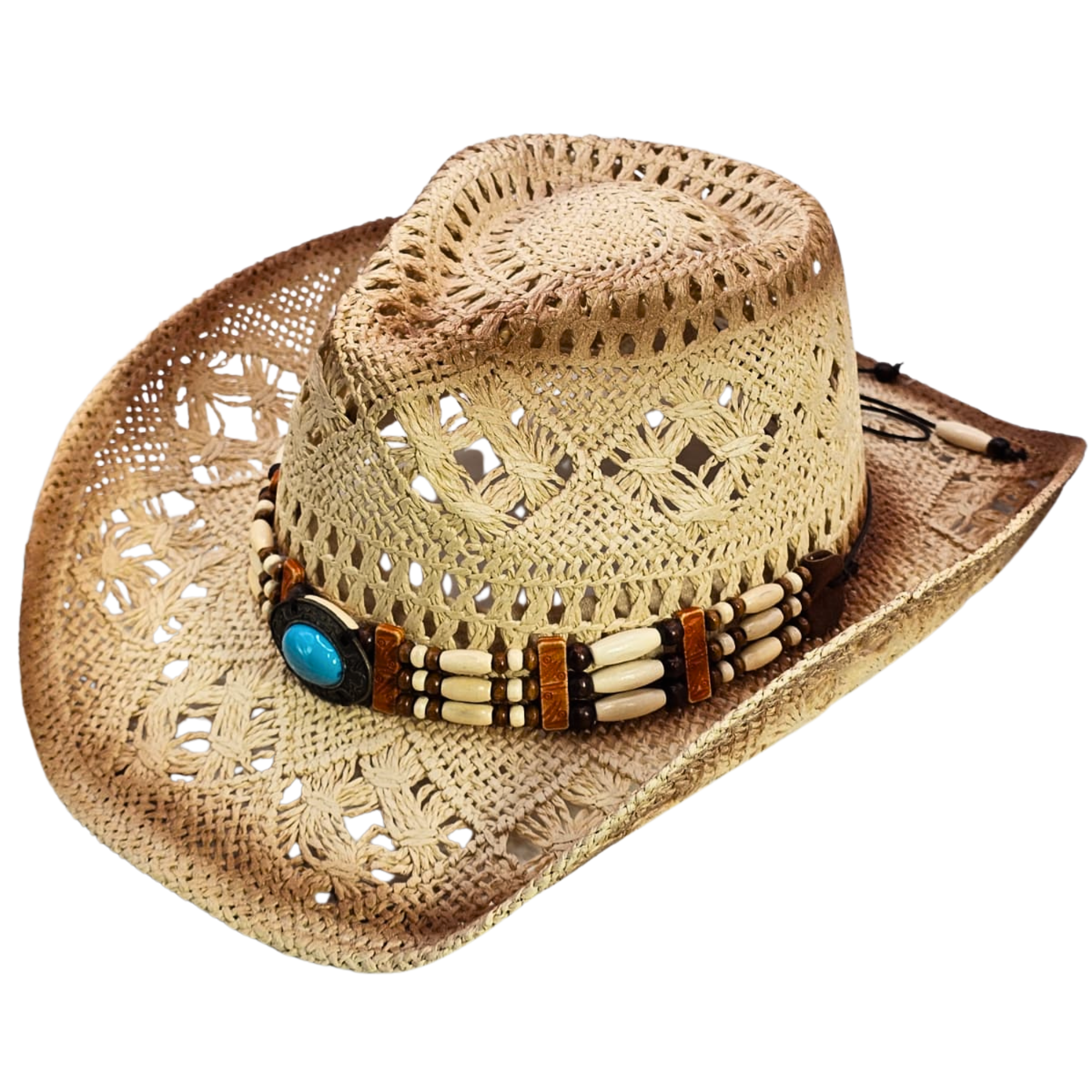 Women's straw cowgirl hat with handmade beaded crown and turquoise stone detail – @FreeStyleUSA
