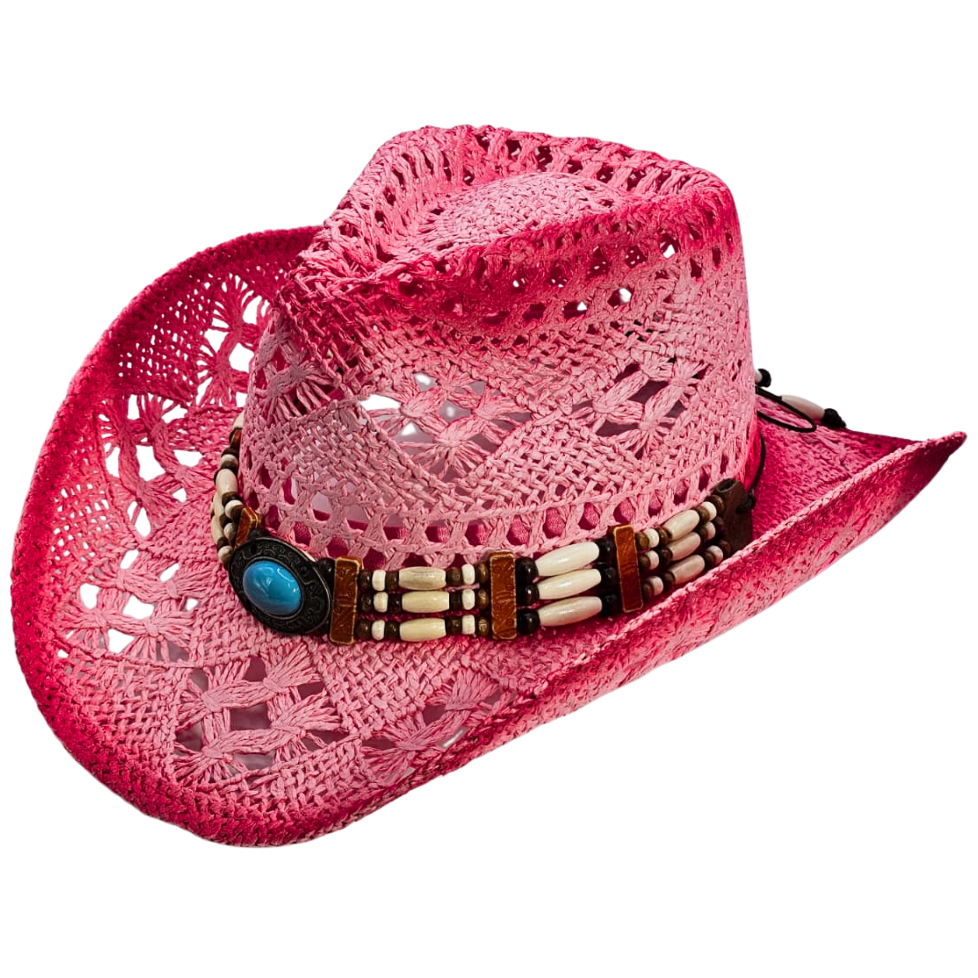 Straw cowgirl hat crown detail – turquoise stones
