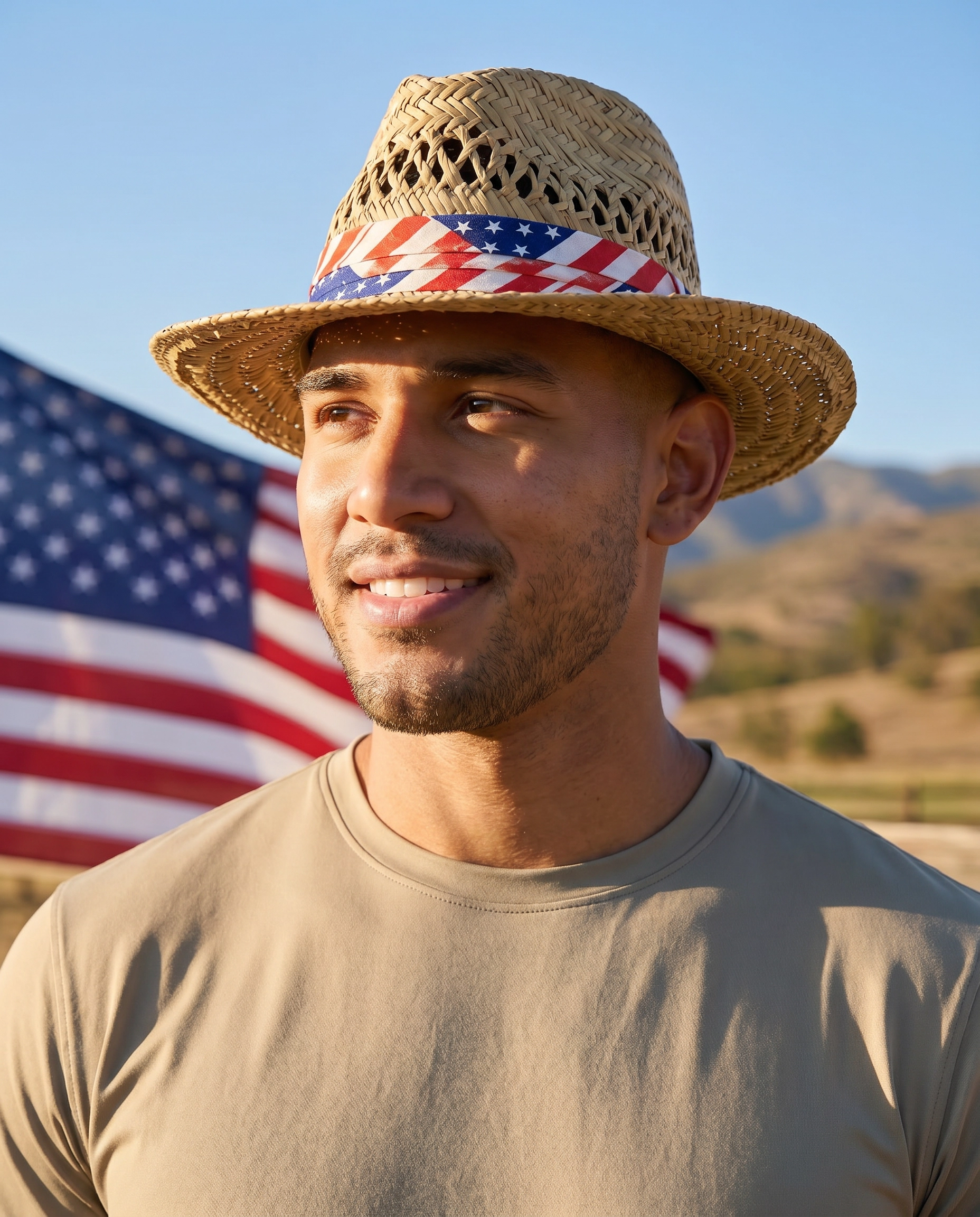Man wearing a straw hat with an American flag bandana, standing in front of an American flag and mountains.