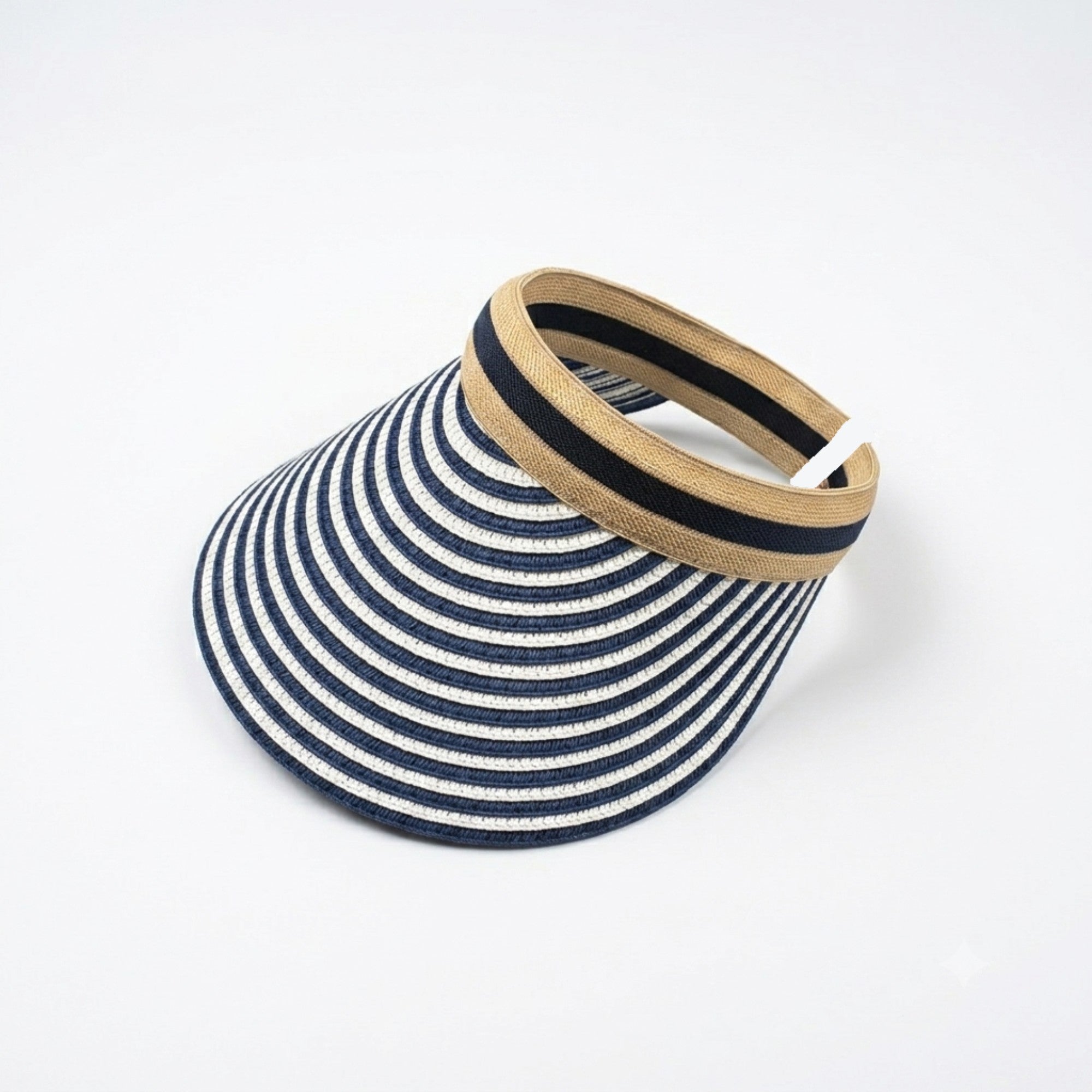 Straw striped sun visor hat front view – navy and white stripes