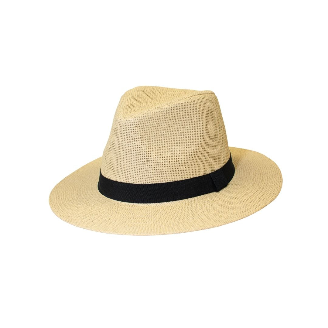 Men's straw fedora hat detail – black ribbon band