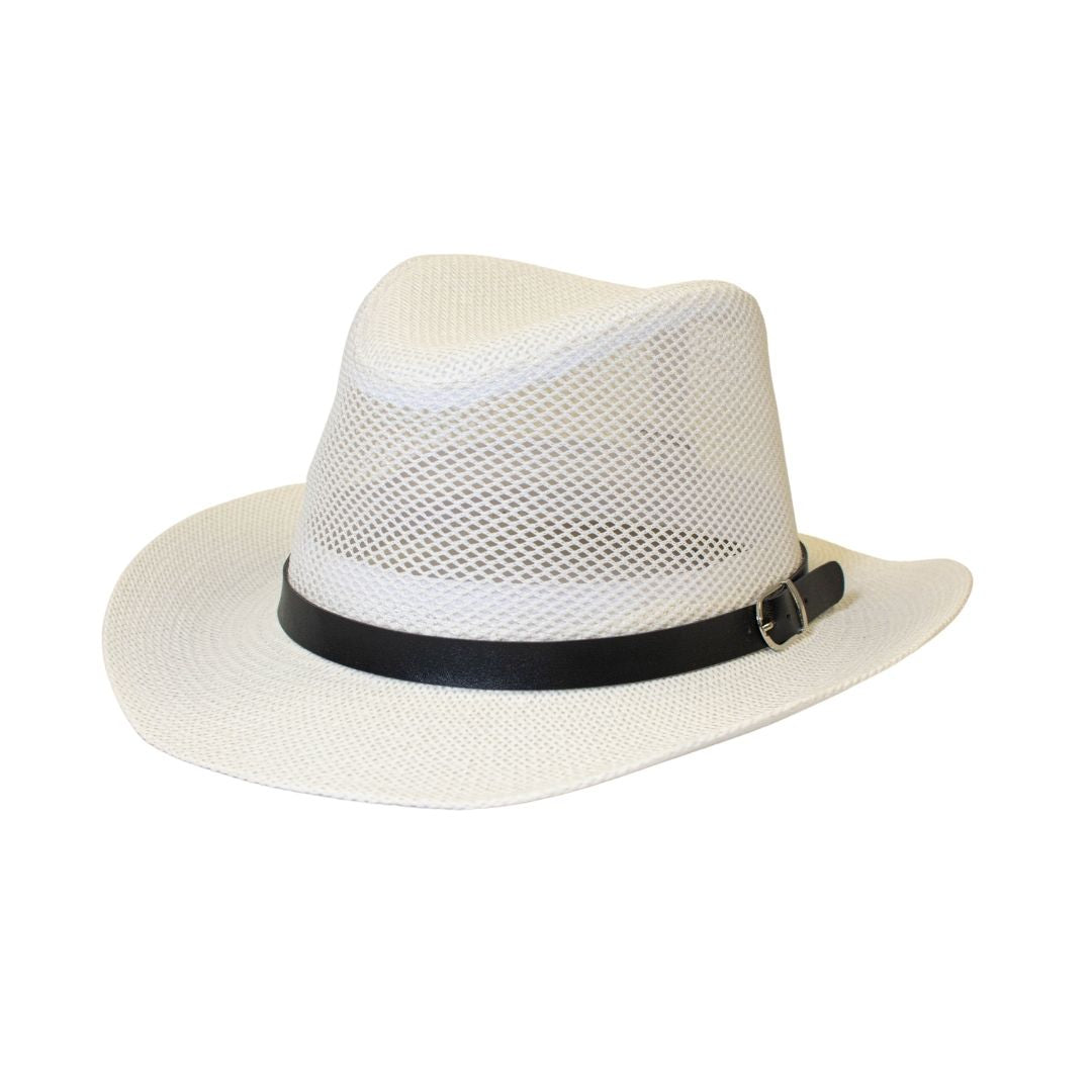Mesh ventilated straw fedora hat back view