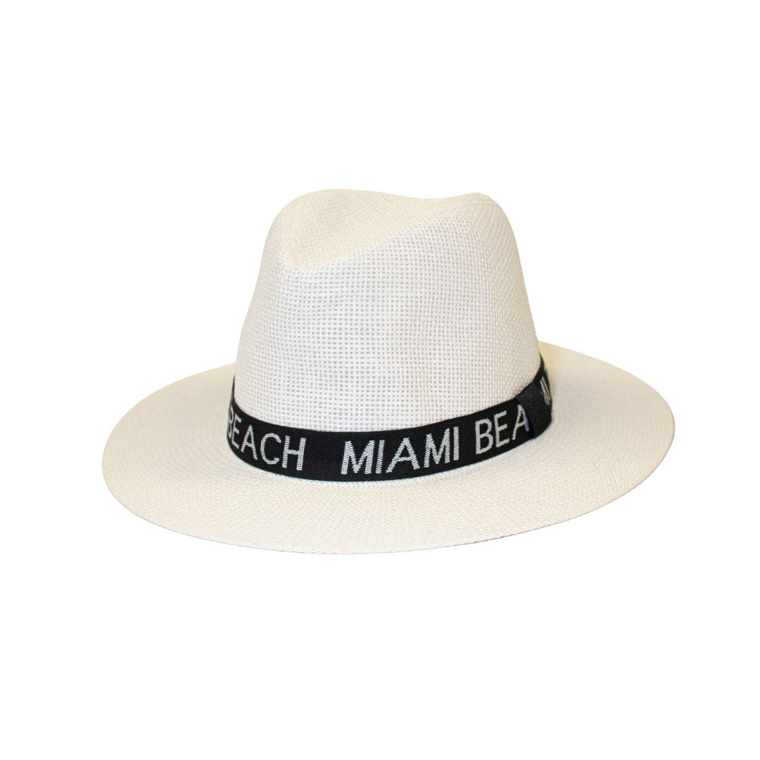 Men's white straw fedora hat with Miami Beach lettered band – @FreeStyleUSA