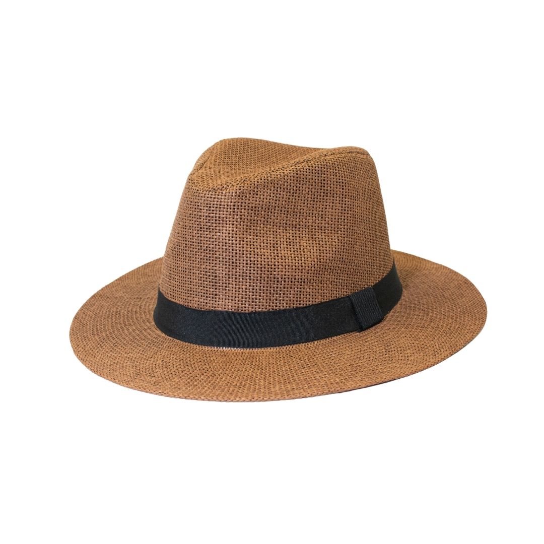 Men's straw fedora hat back view