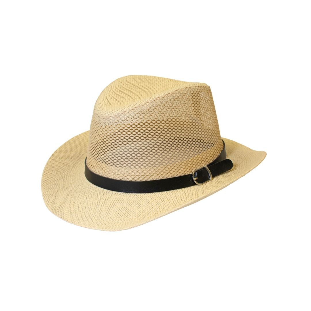 Mesh straw fedora hat side view – leather buckle detail